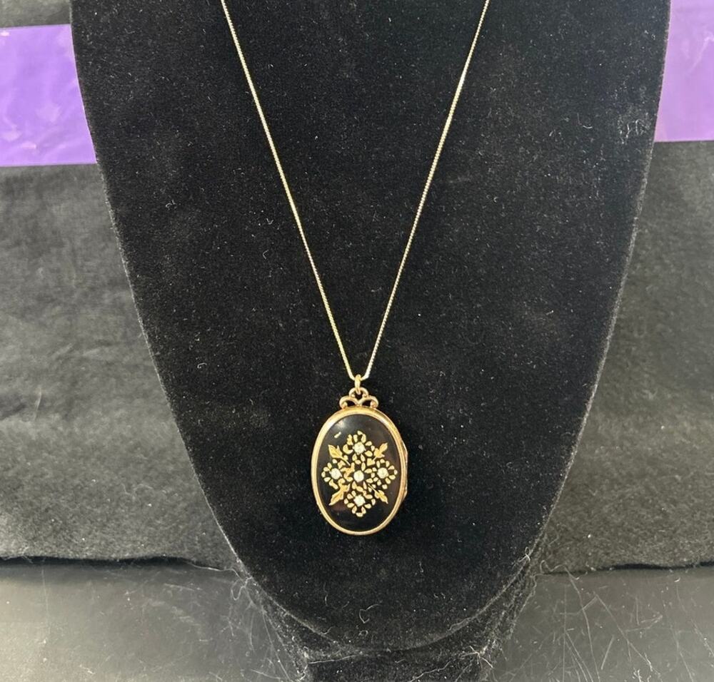 Victorian Black Enamel Mourning Locket Seed Pearls and Chain